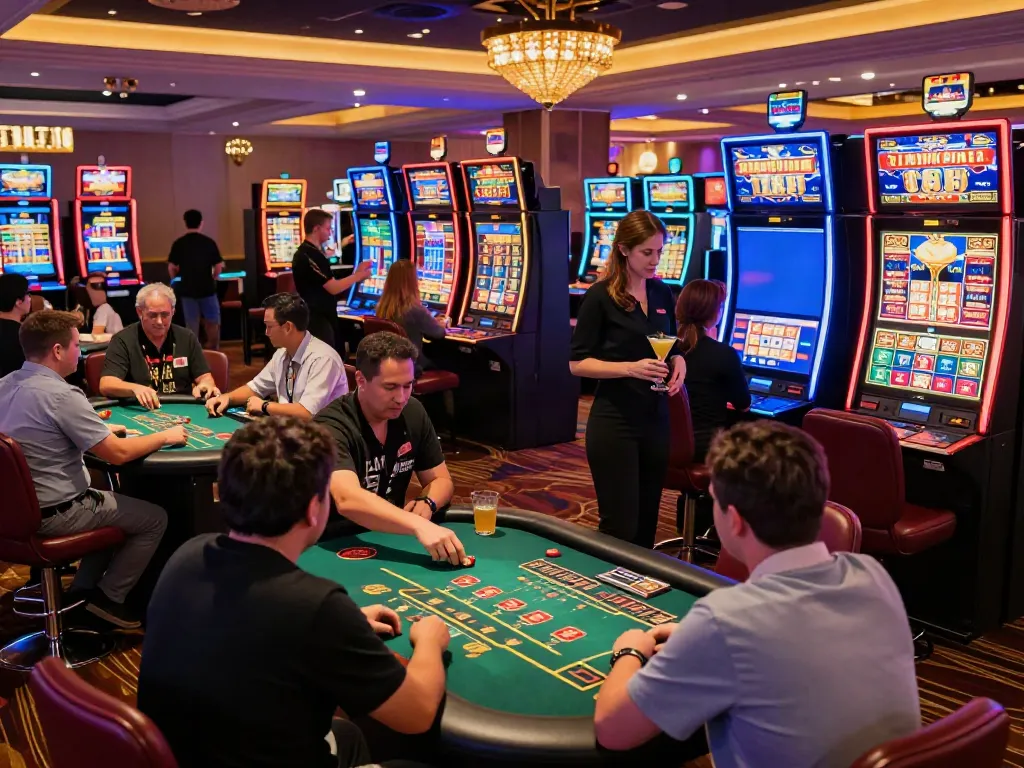 Casinos not on GamStop UK filled with players enjoying vibrant games and colorful lights.