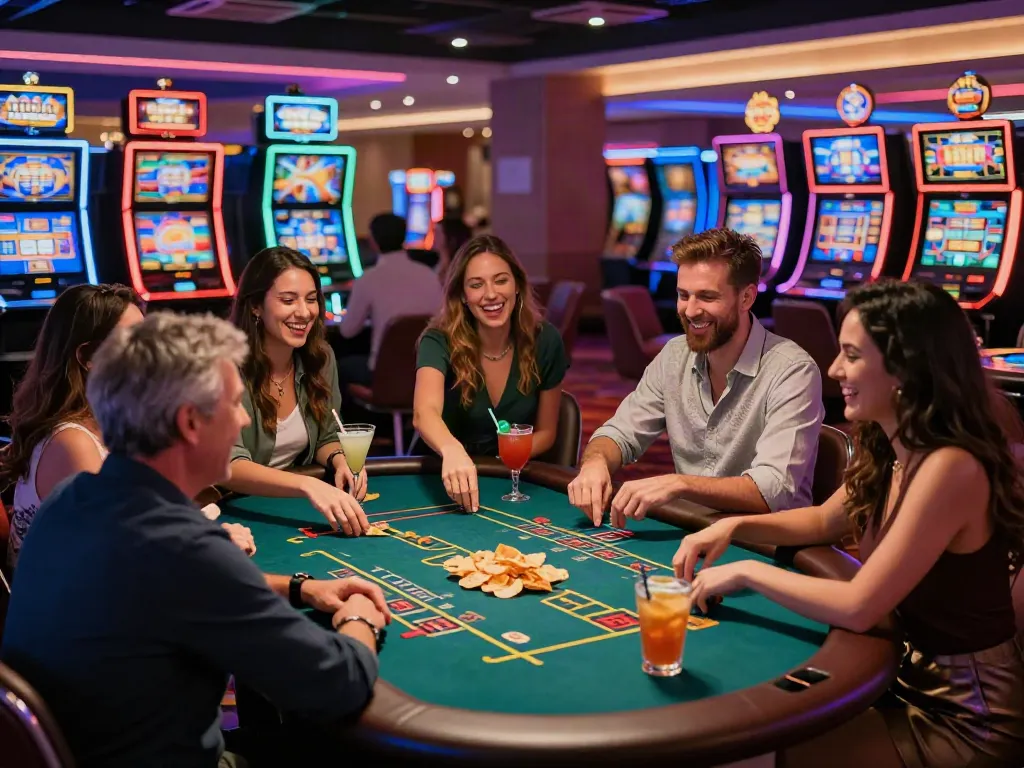 Friends enjoying table games at casinos not on gamstop uk, vibrant atmosphere with cocktails and neon lights.