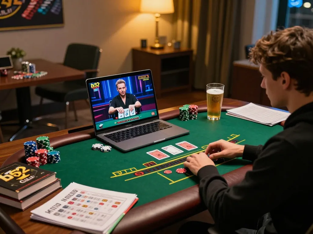 B52 club online player engaged in a Blackjack game, showcasing an immersive home gaming setup.