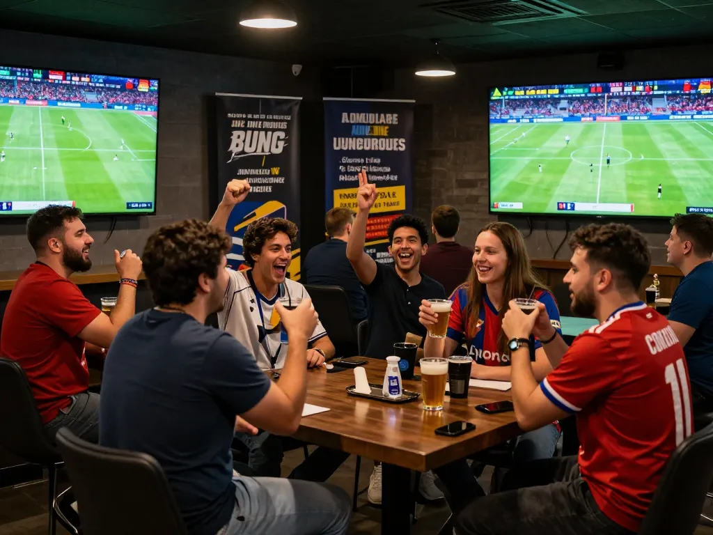 Exciting atmosphere at a sports lounge with fans celebrating goals while following Nowgoal for live betting.