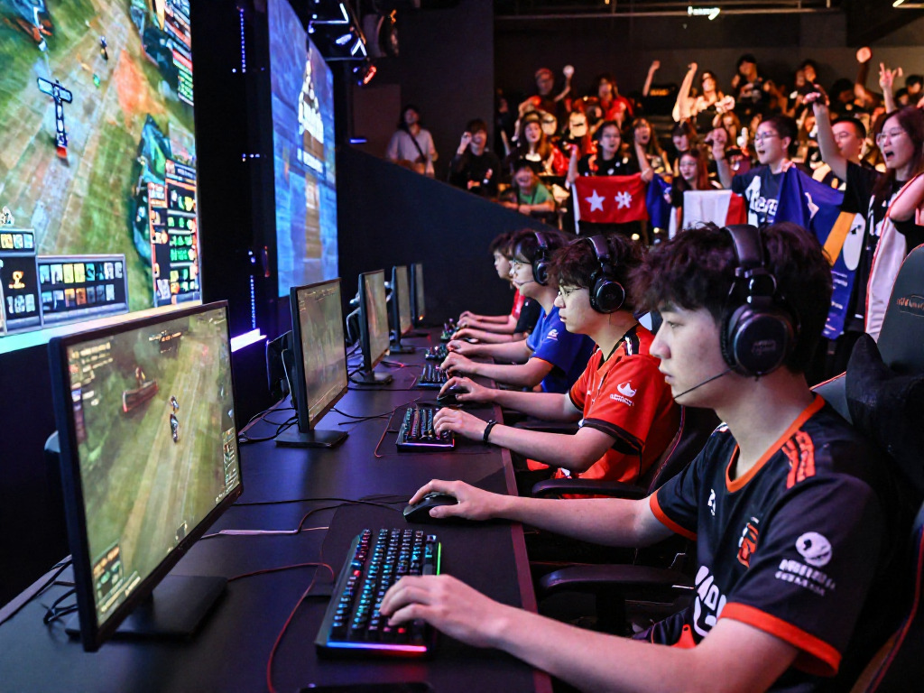 Exciting esports tournament scene featuring players in action, highlighting KOMBET168 gaming excitement.