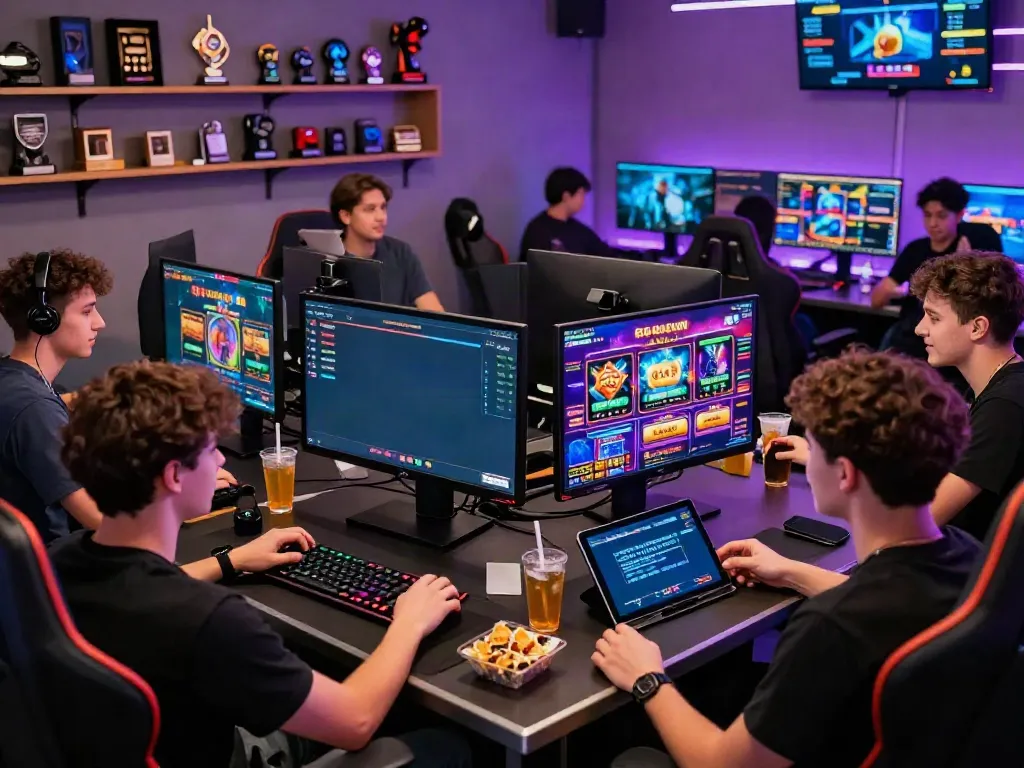 Engaging scene showcasing group exploring casinos not on GamStop UK with vibrant touchscreen displays and snacks.