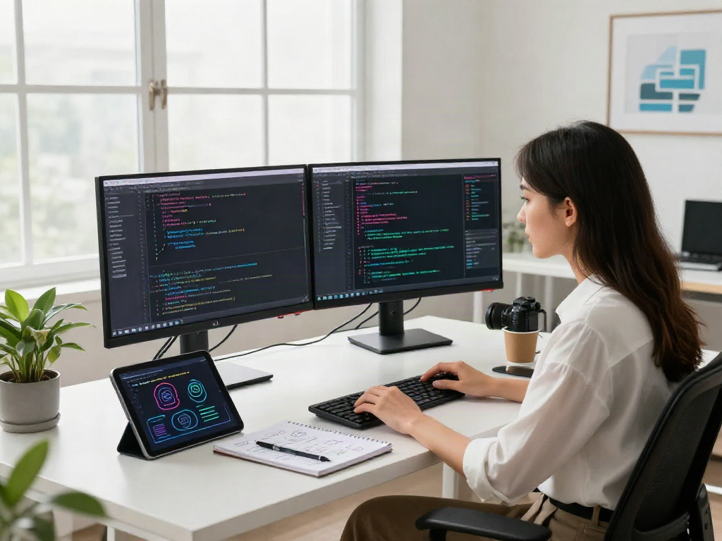 AI +18 professional workspace with a woman coding algorithms on dual monitors in a bright office