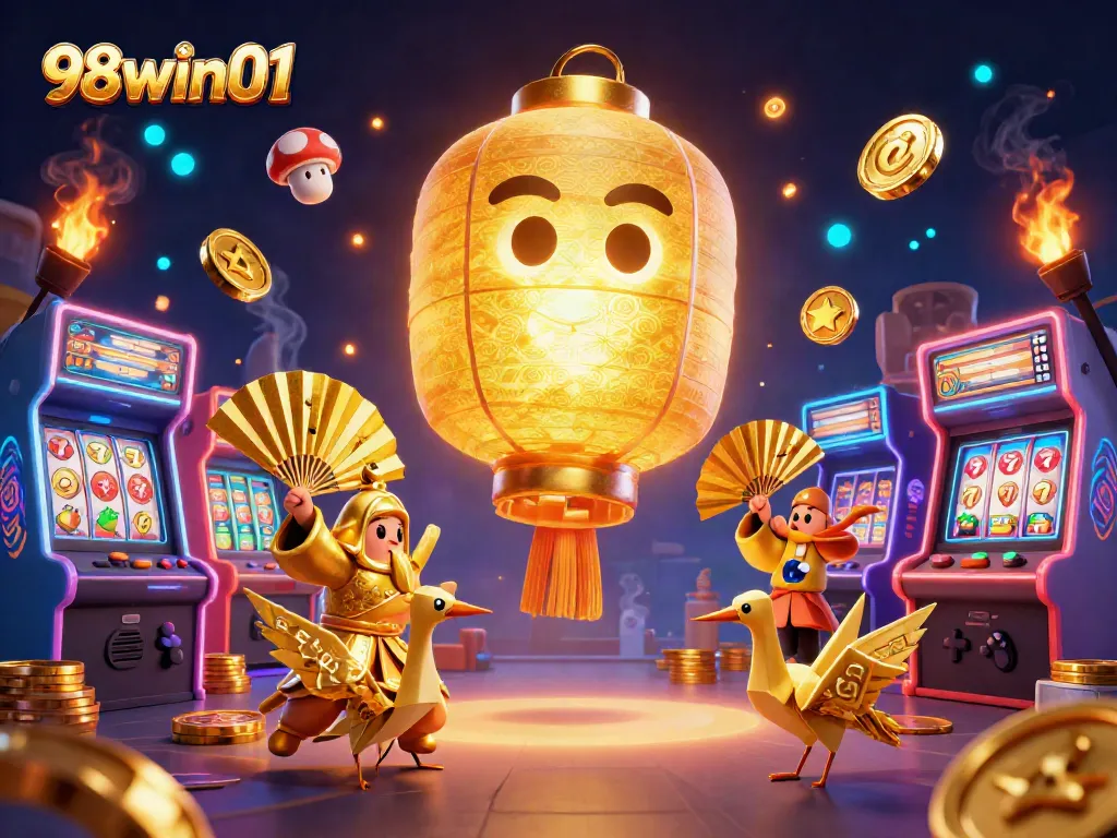 Engage in thrilling gameplay at 98win01 with glowing slot machines and dynamic casino elements.