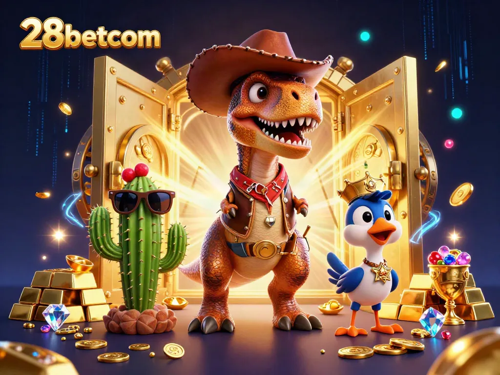 Engage in thrilling action with 28betcom featuring a cowboy dinosaur and treasures in a vibrant casino scene