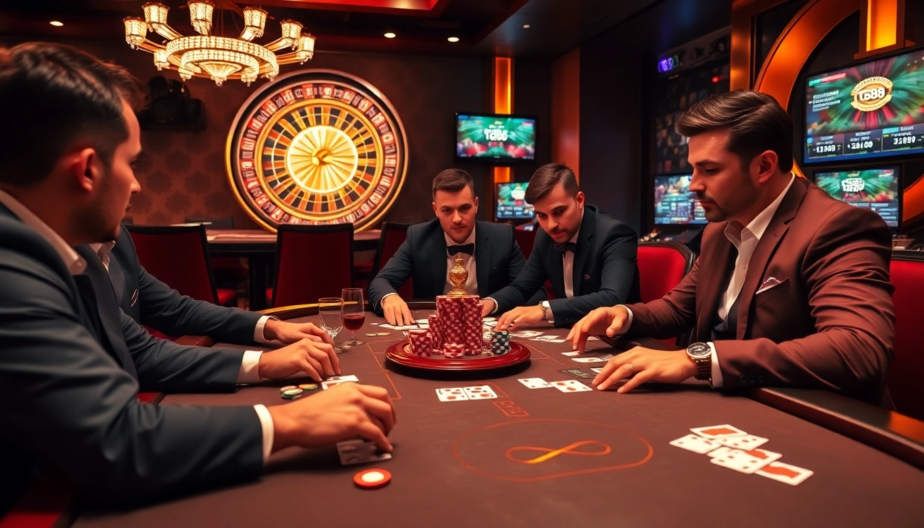 Engaging in a high-stakes poker game at tg88 casino, surrounded by vibrant chips and exciting atmosphere.