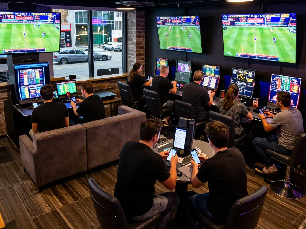 Engaged bettors using 9BET app in a vibrant sports betting lounge