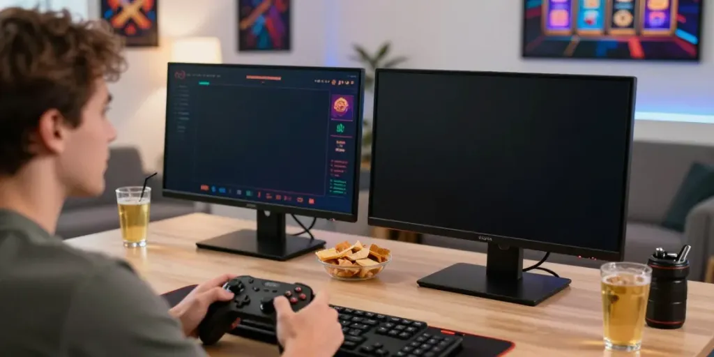 Player immersed in online casinos not on Gamstop UK, with vibrant game displays and a cozy gaming setup.