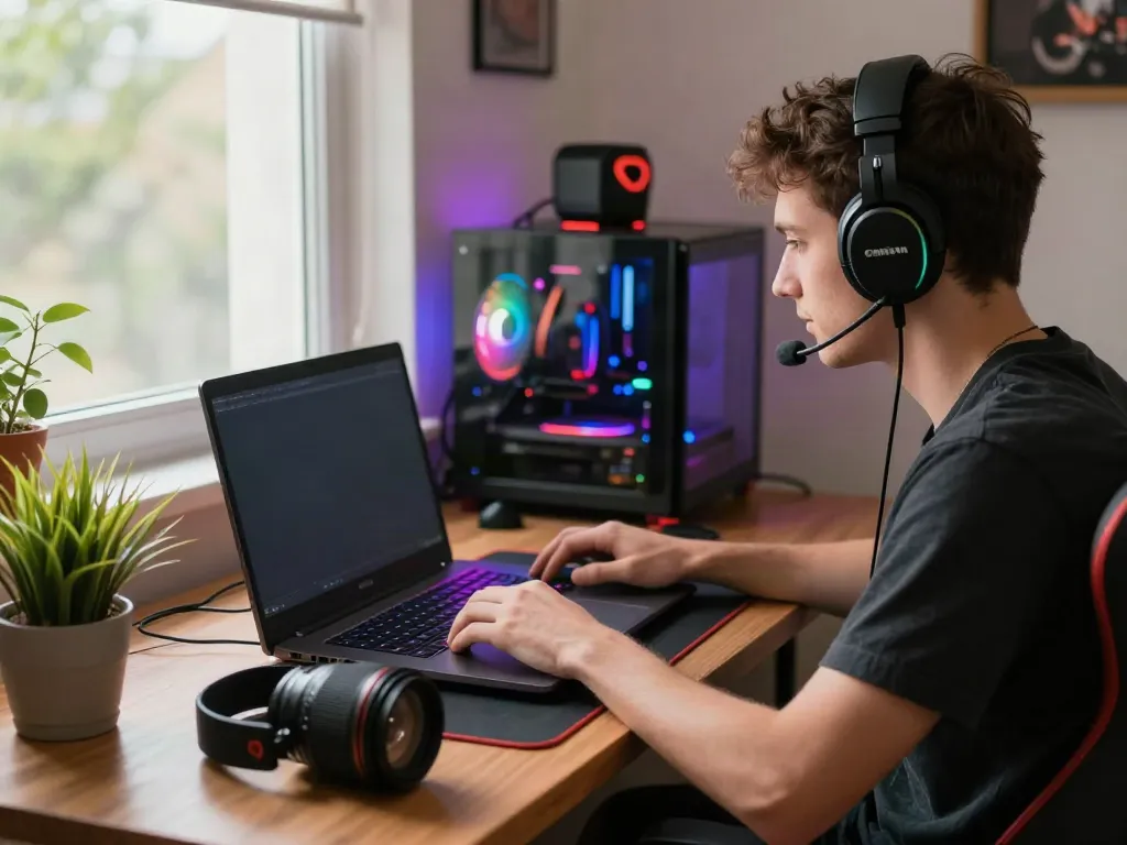 Engaged player at home enjoying casinos not on Gamstop UK, surrounded by gaming accessories.