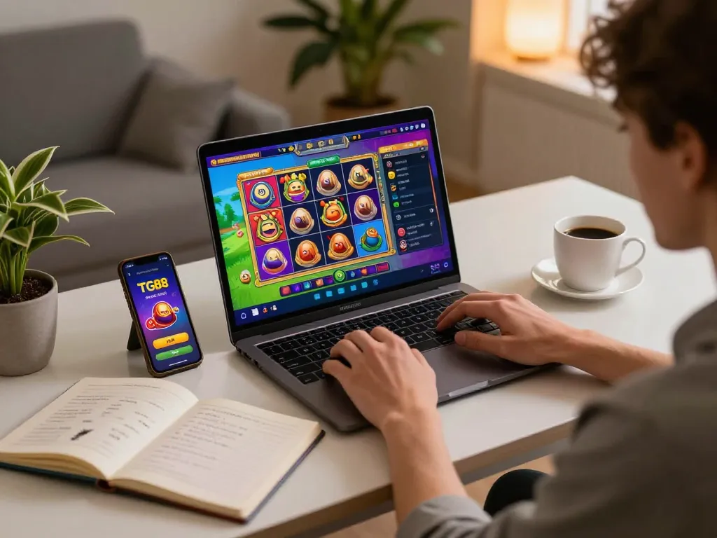 Player engaged in gaming on TG88 casino app with laptop and strategy notebook.