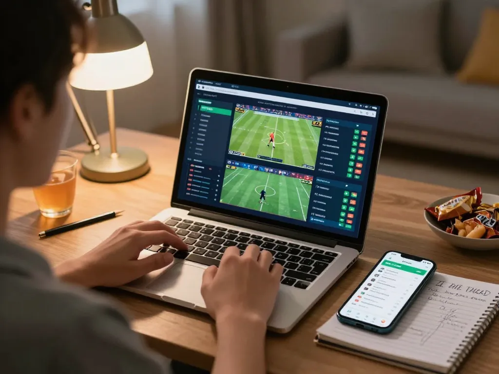 A person engaging in online sports betting at home with luck8mb displayed on the laptop and smartphone.