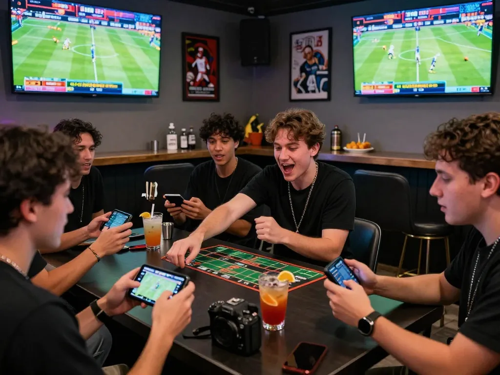 Excited young man placing a bet on rikbet in modern gaming lounge during live sports event.