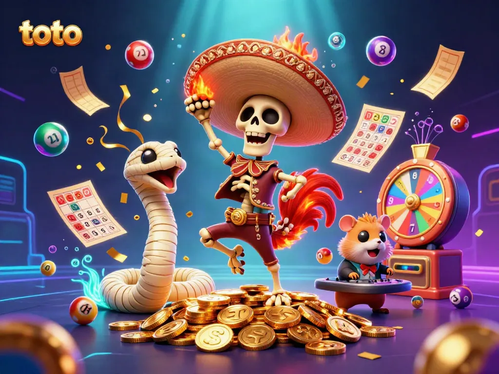 Experience thrilling excitement with toto-themed casino characters amidst vibrant gaming elements.