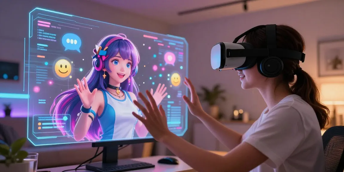 Engaging AI girlfriend experience in virtual reality setup, showcasing vibrant anime-style avatar and interactive interface.