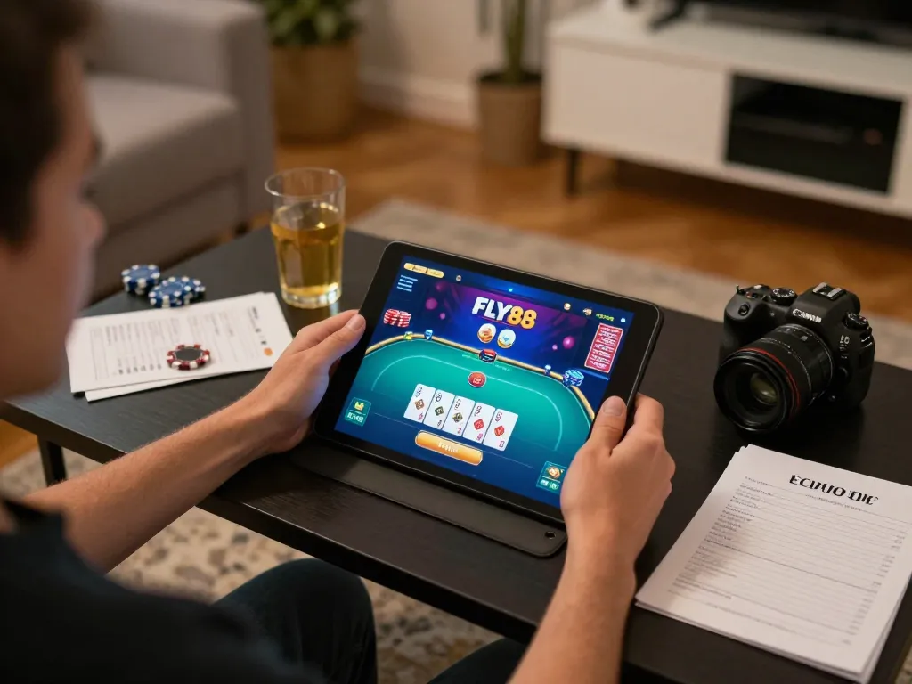 Engaging online gaming session at FLY88 with poker cards and strategic notes