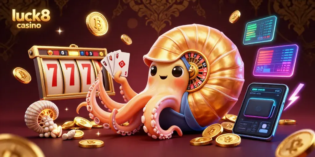 Experience the excitement of luck8 casino with a vibrant 3D illustration featuring a giant nautilus roulette wheel and glowing casino elements.