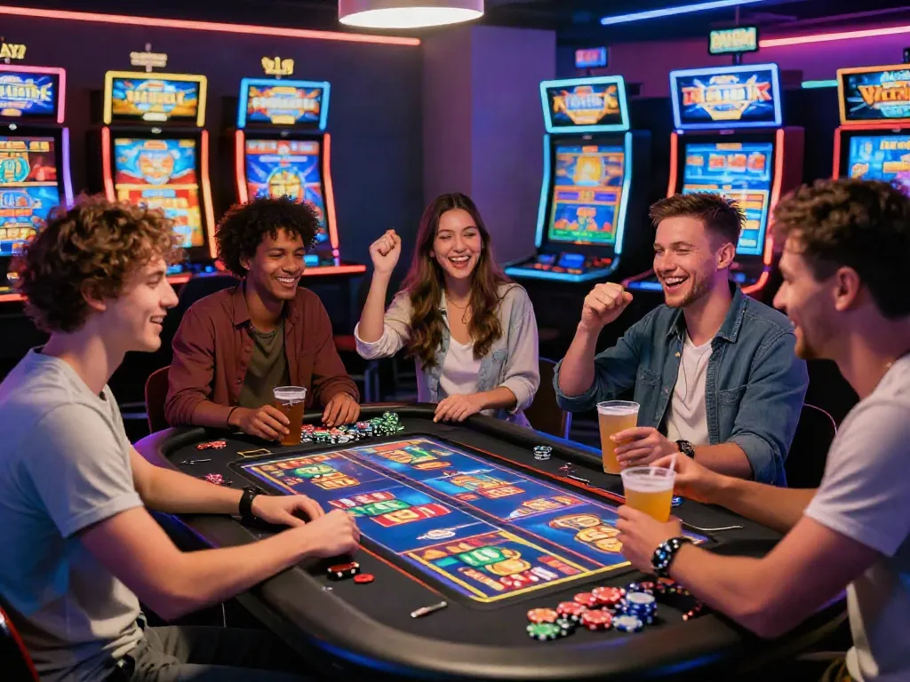 Friends celebrating in a lively casino not on Gamstop UK with vibrant lights.