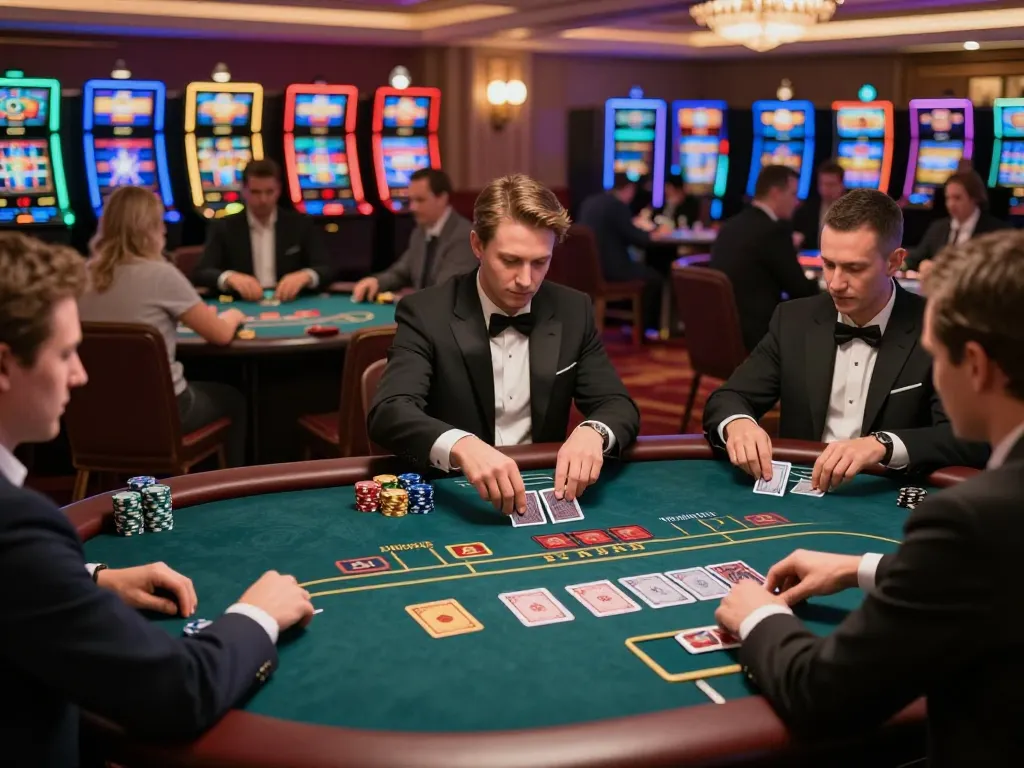 Engaging gameplay at https://ee888.sa.com/ casino floor with players at poker tables