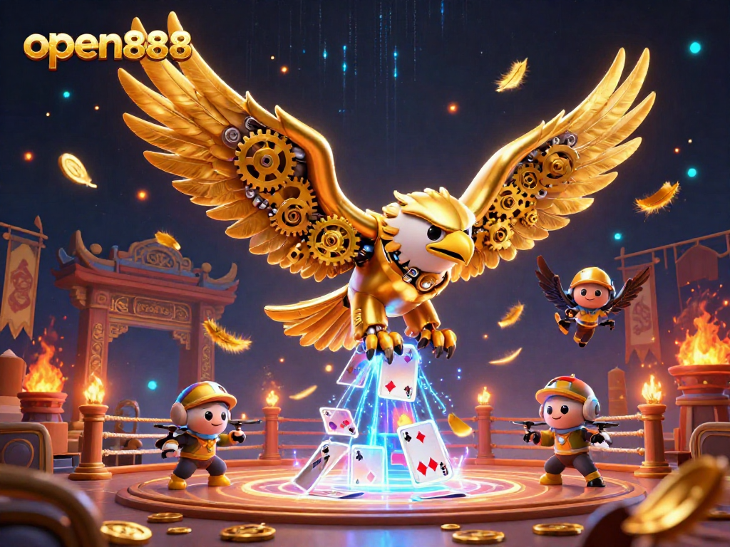 Engage with open888 at a lively arena, featuring a cybernetic eagle and dazzling holographic cards.