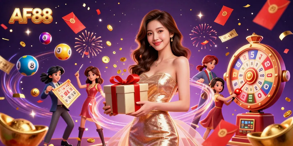 Experience the excitement of winning with AF88 as golden coins spill from a festive gift box in a vibrant casino scene.
