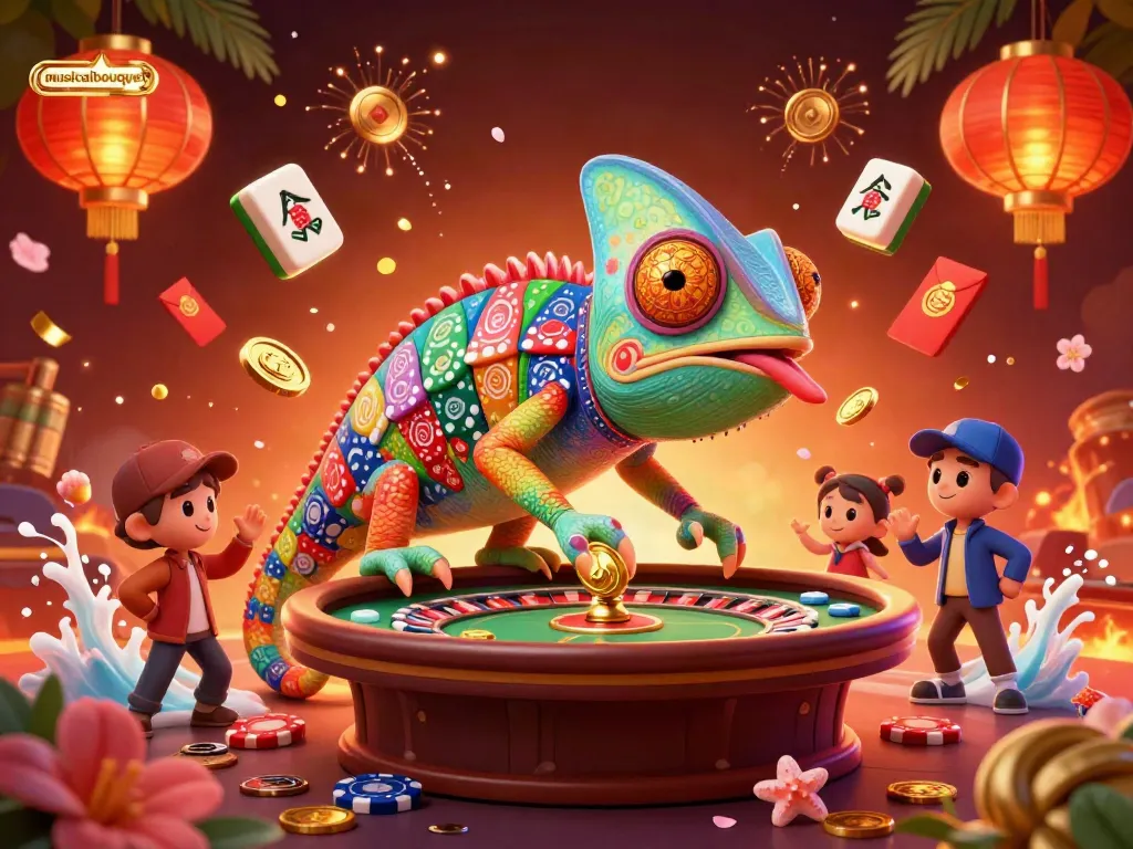 Engage with the musicalbouquet excitement at the casino, featuring a colorful chameleon owner.