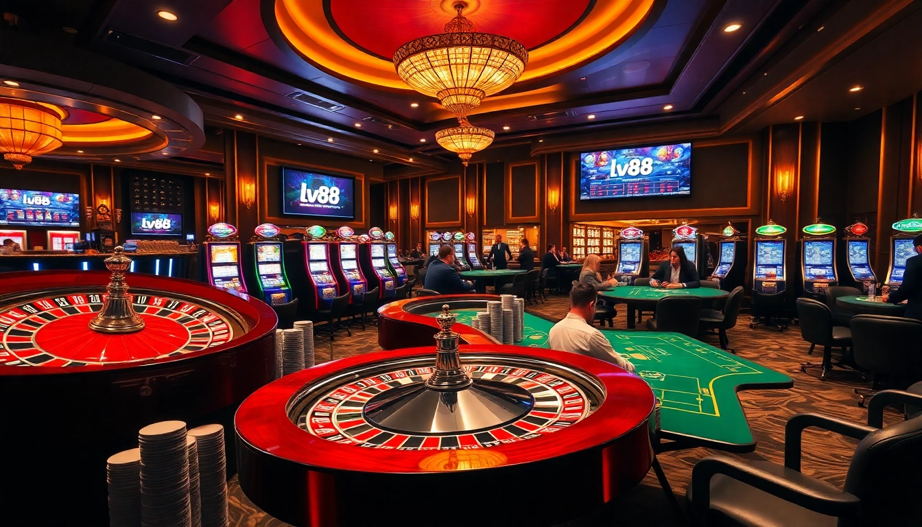 Exciting casino scene showcasing lv88 poker tables and roulette wheels with vibrant decor.