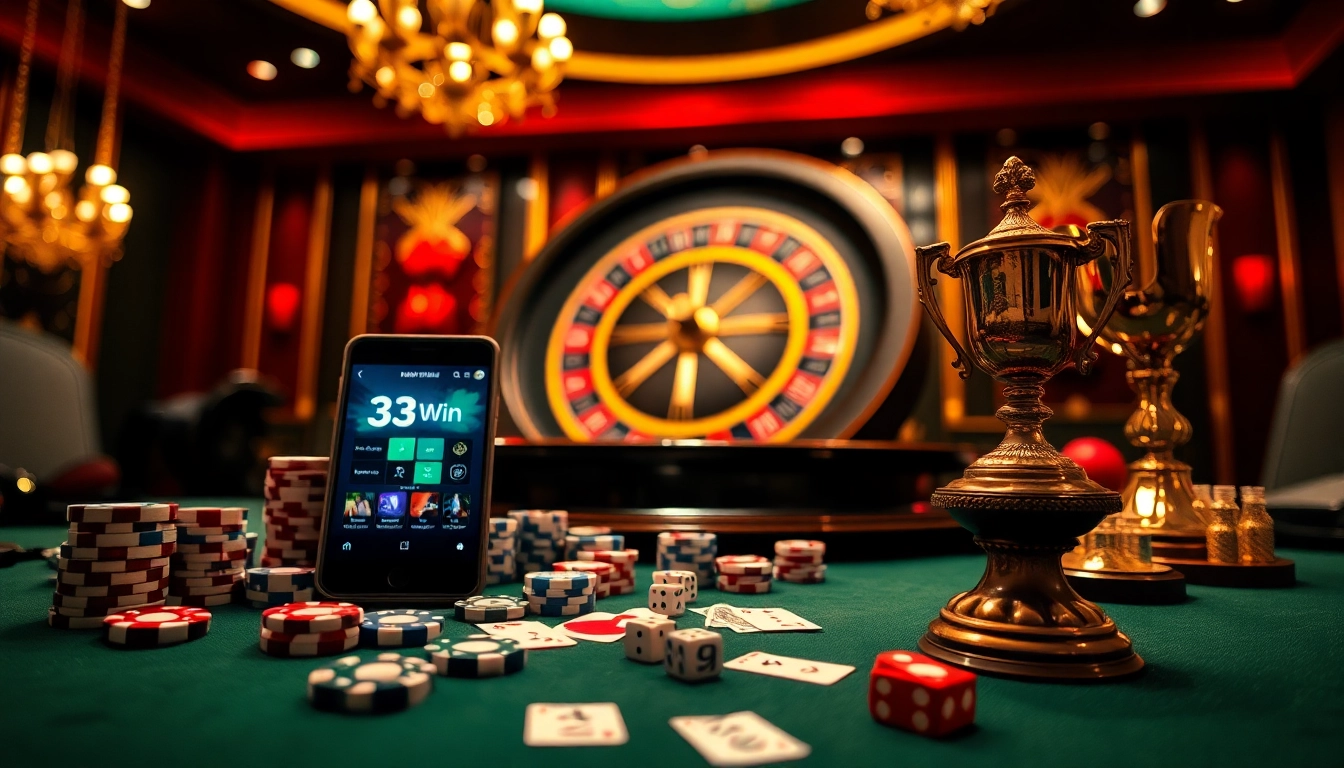 Experience the thrill of gaming at 33Win's luxurious casino with poker chips and a spinning roulette wheel.