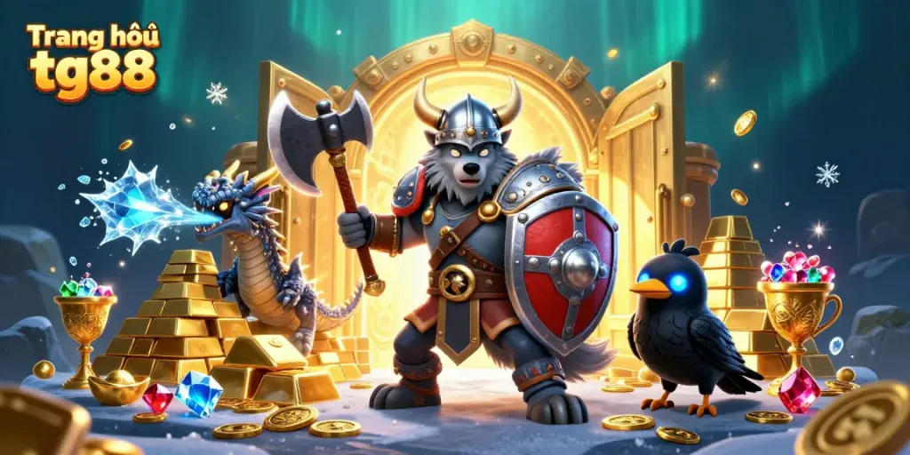 Engage in thrilling gaming adventures at Trang chủ tg88 featuring a heroic Viking wolf and mystical dragon.
