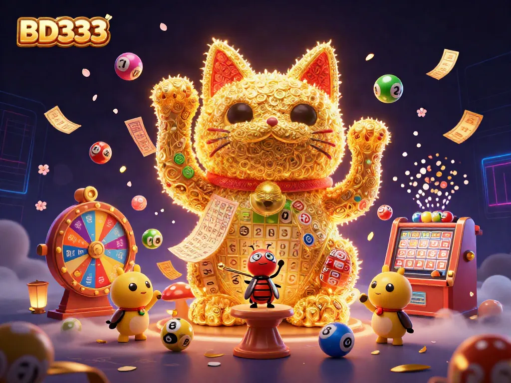 Engage with BD333's vibrant online casino experience featuring lucky cat and colorful lottery elements.