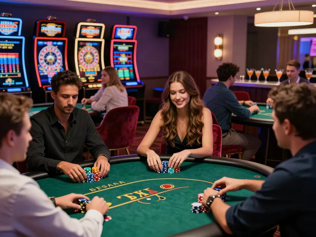 Vibrant gaming room scene with players at casinos not on gamstop uk engaged in poker.