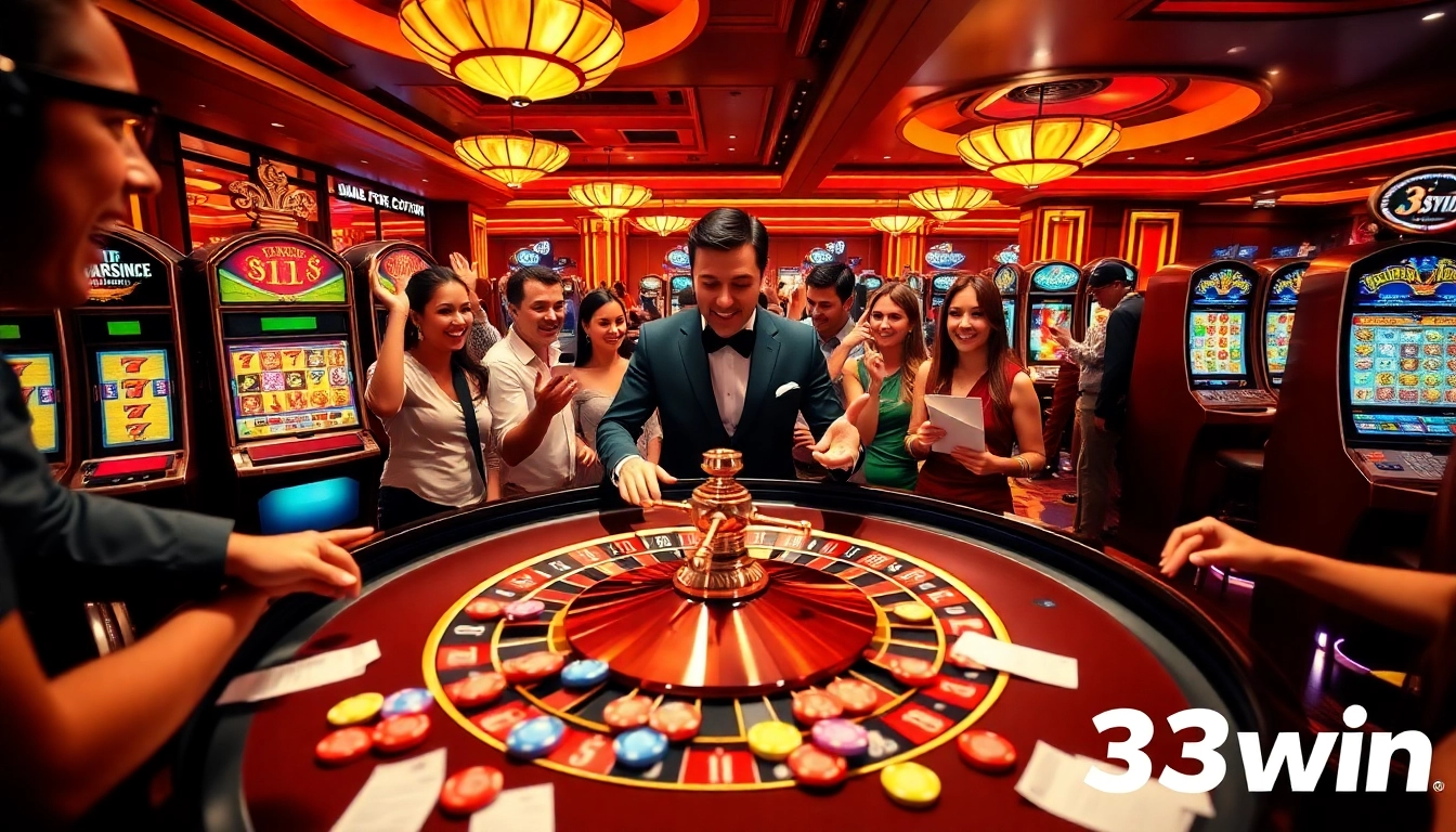 Experience the thrill of gambling at 33win's luxurious casino, featuring roulette, poker, and vibrant visuals.