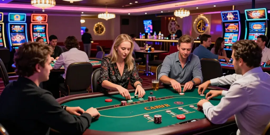 Dynamic scene at casinos not on GamStop UK showing players engaging in games amidst vibrant lighting and excitement.