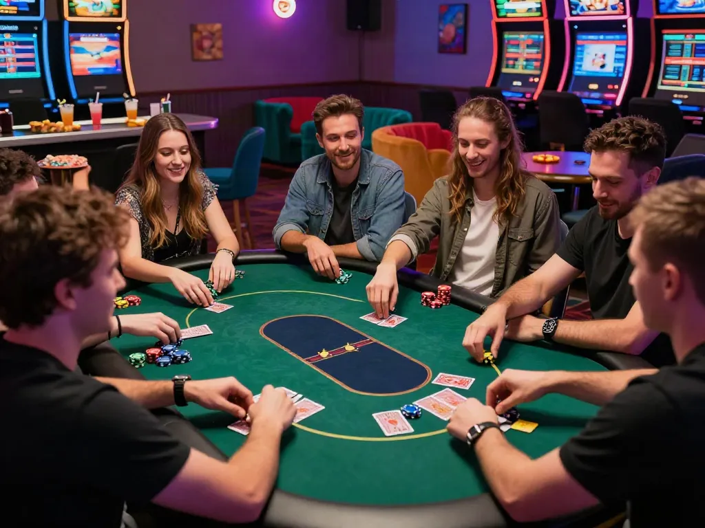 Exciting scene of friends enjoying casinos not on gamstop uk in vibrant lounge atmosphere.