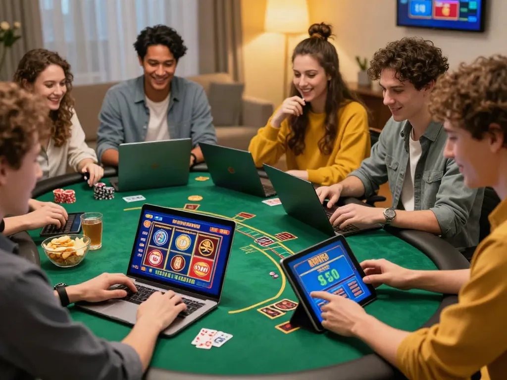 Friends enjoying an online gaming experience at casinos not on gamstop uk with vibrant colors and warm lighting.