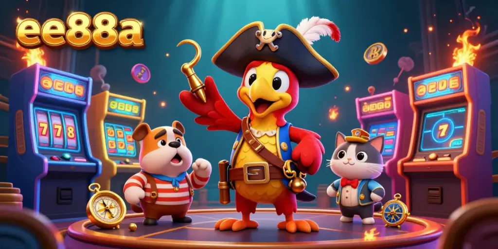 Engage with ee88a's thrilling casino adventures in a lively 3D pirate-themed gaming scene.