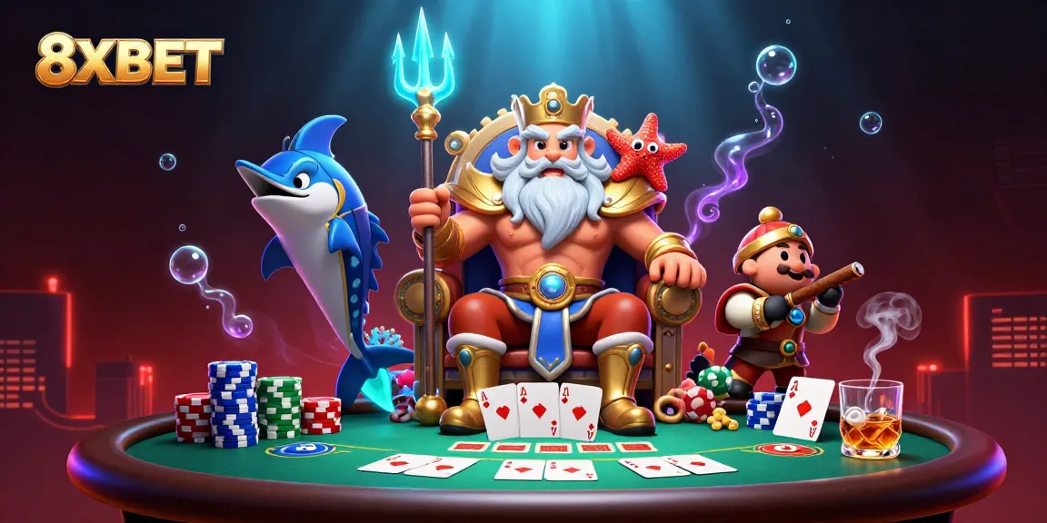 Engage with exciting poker action at 8XBET with Neptune and friends under the ocean