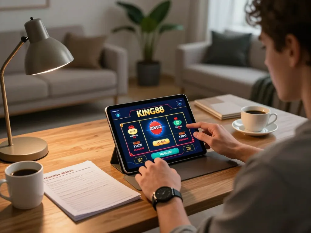 Engaging in online gameplay with KING88 on a tablet in a stylish home office.