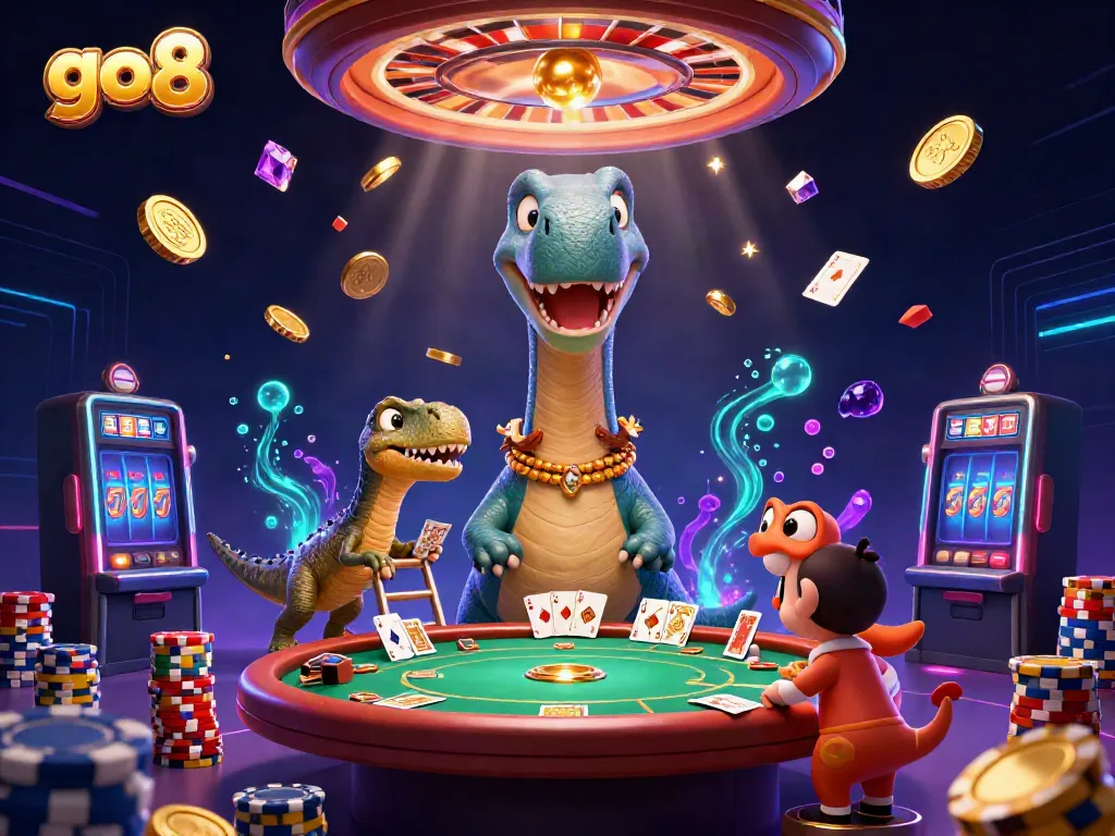 Experience the vibrant excitement of go8 with a colossal brontosaurus interacting at a dazzling casino.