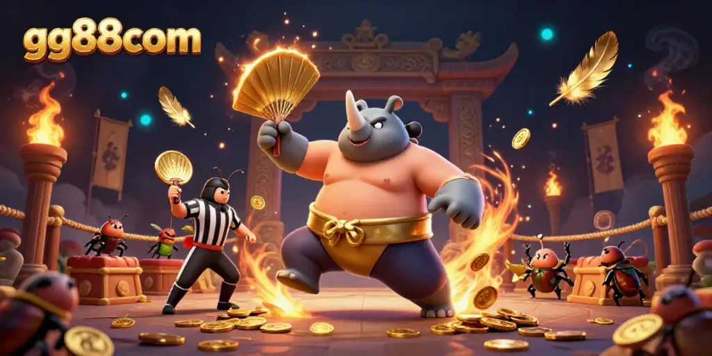 Experience thrilling gameplay at gg88com with a dynamic casino scene featuring a beetle champion.