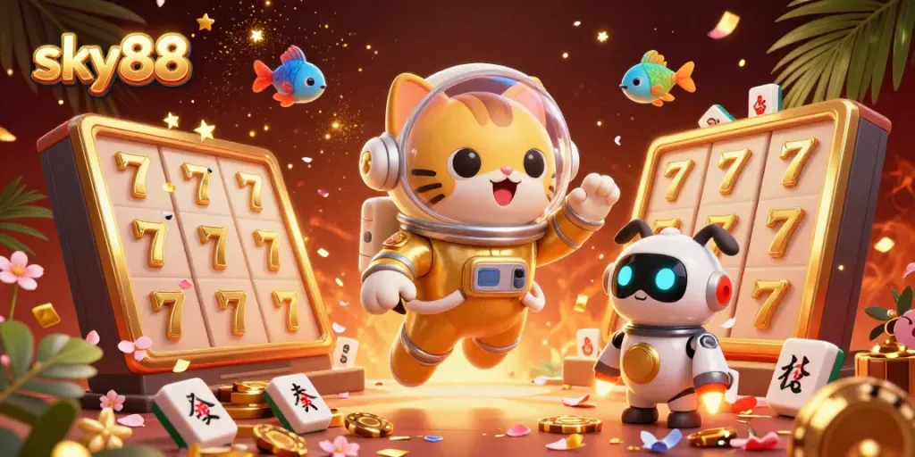 Experience thrilling gaming action with sky88 in a vibrant casino scene filled with dynamic slot reels and cheerful characters.