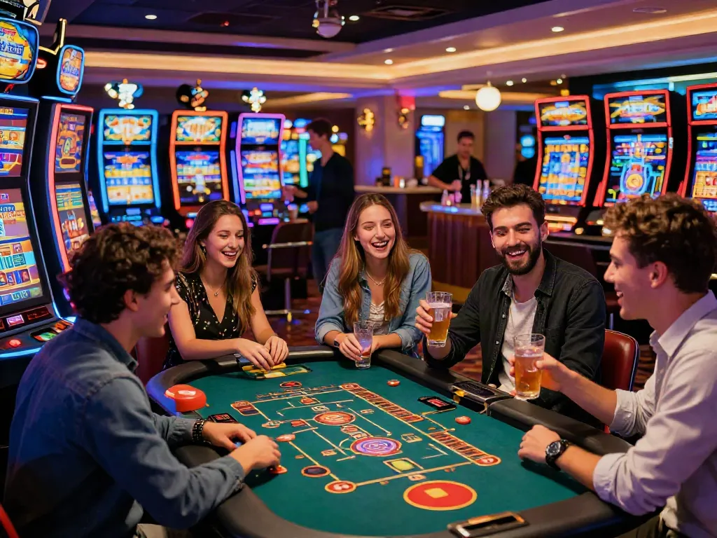 Friends enjoying excitement at casinos not on GamStop UK with vibrant gaming machines and drinks.