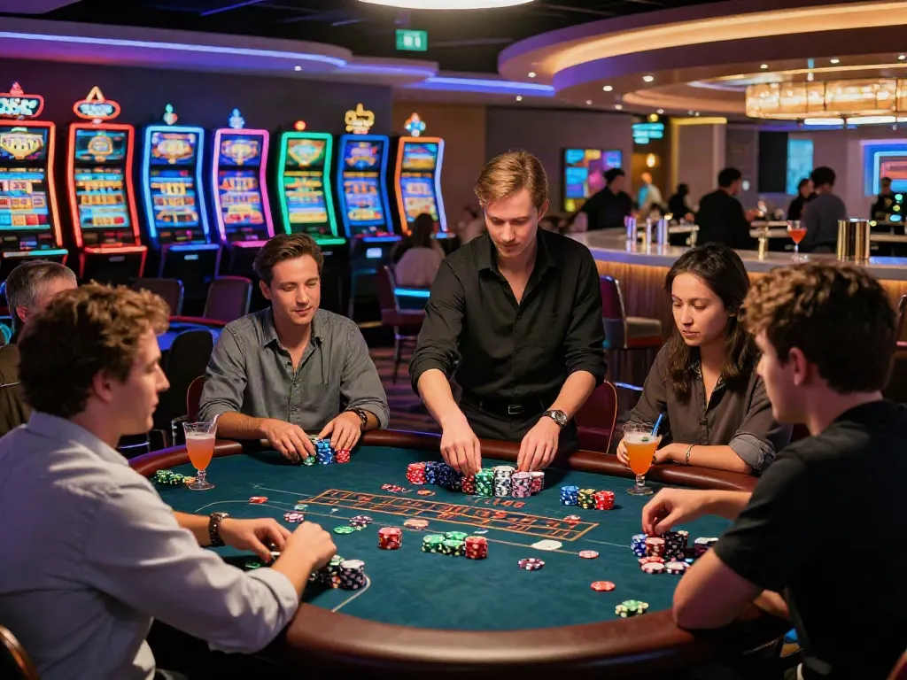 Casinos not on Gamstop UK vibrant gaming atmosphere with players engaged around tables.