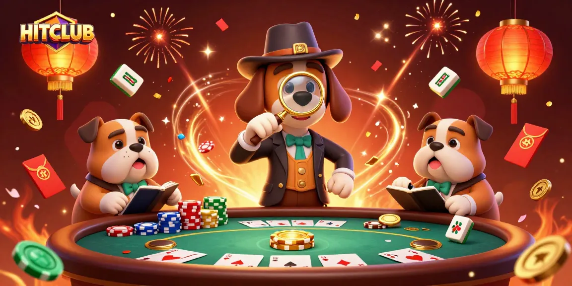 Join the HITCLUB treasure hunt as a detective reveals poker secrets amidst vibrant casino elements.