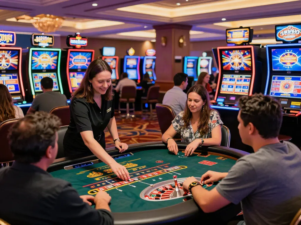 Engaging scene of players enjoying casinos not on Gamstop UK, featuring vibrant gaming tables and social excitement.