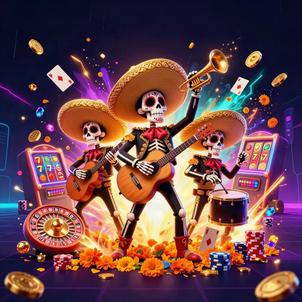 Skeleton mariachi trio amid coins, cards, roulette wheel and neon casino glow.