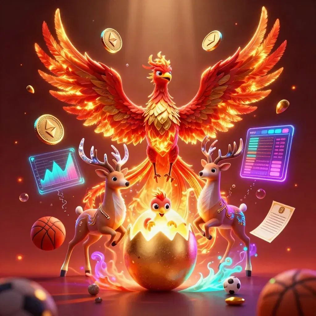 Phoenix, stag and golden egg amid neon casino effects, coins and sports props.