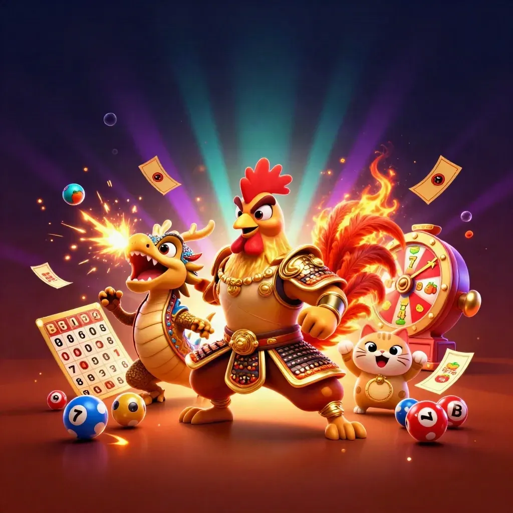 Rooster warrior, dragon hatchling and fortune cat amid casino sparks, wheels and glowing treasure.