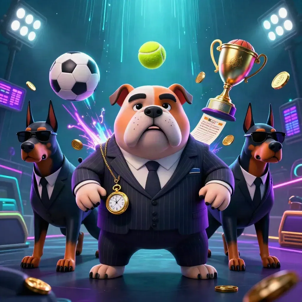 Cartoon bulldog boss and two Dobermans amid flying sports balls, gold coins, and neon casino light.
