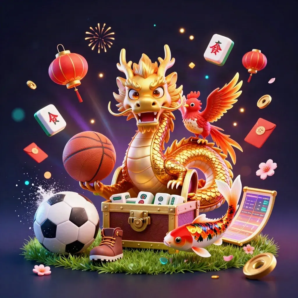 Golden dragon, phoenix and koi amid soccer ball, coins and neon casino effects on dark navy.