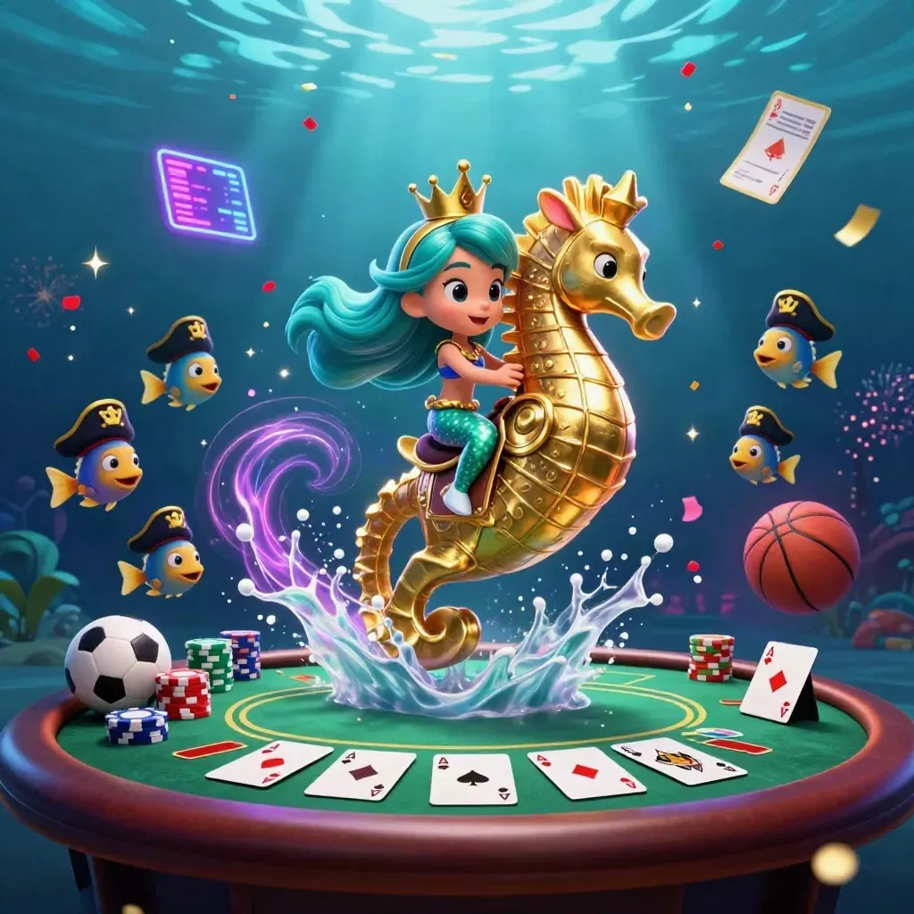 Mermaid princess on armored seahorse amid pirate fish, poker chips, cards, and casino glow underwater.